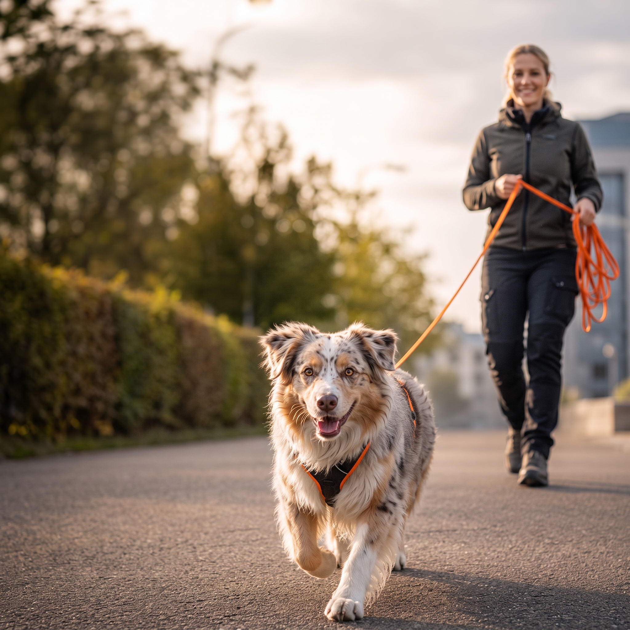 Glücklicher Hund und Hundeführerin beim Mantrailing